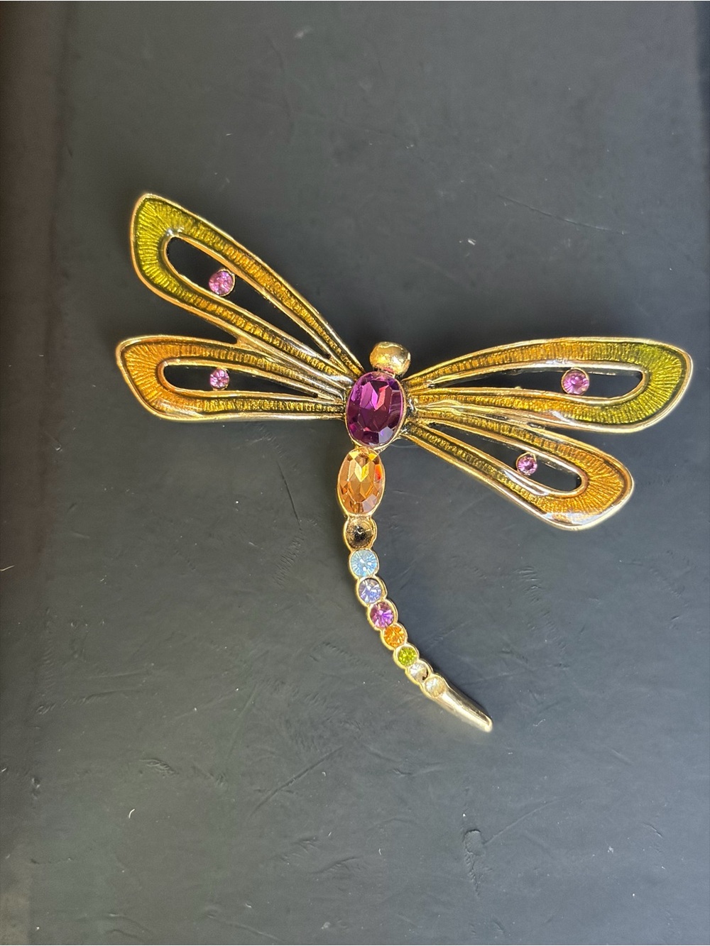 NEW Signed Vtg Monet Dragonfly Pin Brooch Jeweled Enamel Gold Tone
